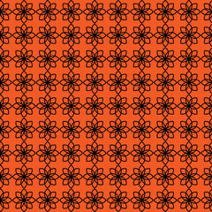 Seamless floral ornament pattern with black line flowers on a bright orange background. Abstract decorative repeating texture for textile print, wallpaper, wrapping paper, branding and surface design.