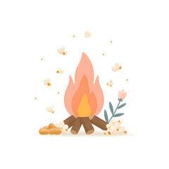 Campfire with popcorn and peanut, illustration for summer adventure or movie night concept.