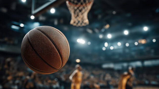 Basketball flying toward hoop in crowded arena dynamic sports action for game promotion fan events and training campaigns - Powered by Adobe