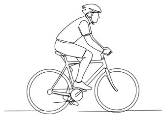 Obraz premium a man in a helmet riding a bicycle, a drawing drawn in line art style, bicycle, bike, cyclist, draw, drawing, helmet, man, person, ride, against transparent background