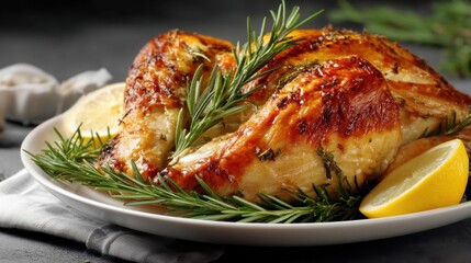 A plate holds roast chicken pieces topped with fresh rosemary and lemon slices. The setting shows a kitchen table with a dark background and some herbs nearby.