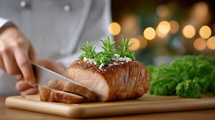 Chef slicing roasted meat with herbs on wooden board gourmet dinner cooking and restaurant food presentation