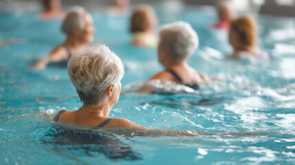 Group of senior women exercising in pool aqua fitness class healthy aging wellness and social activity