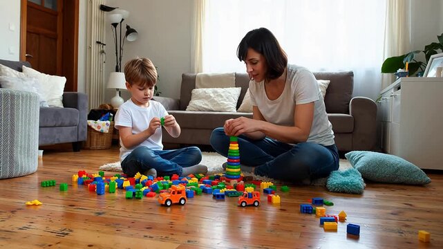 A mother and her young son sit on the wooden living room floor, focused on playing and building colorful structures with plastic construction blocks and toys