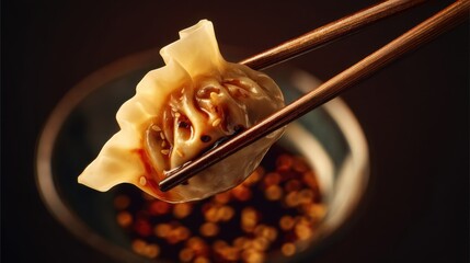 A person holds a dumpling using chopsticks above a small bowl filled with dipping sauce. The setting is dimly lit creating a warm atmosphere for dining at night.