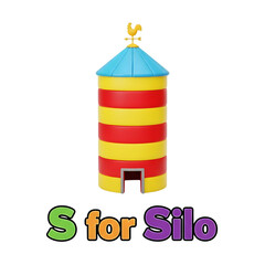 3D icon of a colorful red and yellow farm silo with a rooster weather vane, educational alphabet concept for S for Silo, cartoon agricultural building.