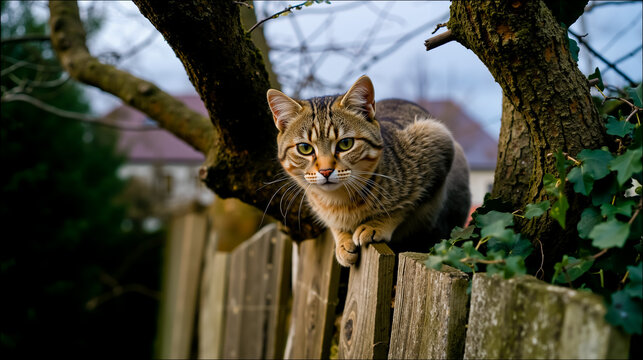A tabby cat with green eyes is perched on a wooden fence - Powered by Adobe