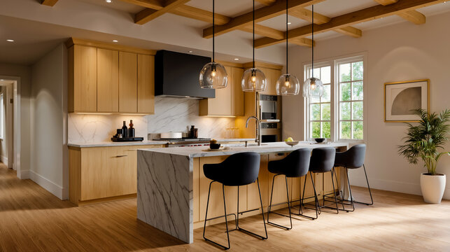 A modern kitchen with a marble countertop stools pendant lights and a view of the outdoors
