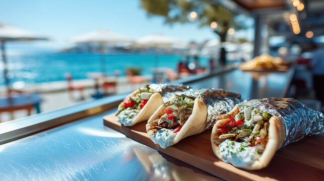 Greek gyros wraps on metal counter at seaside restaurant summer vacation street food and beach dining concept