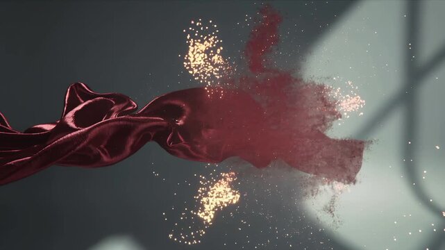 Red silk fabric dissolving into glowing particles