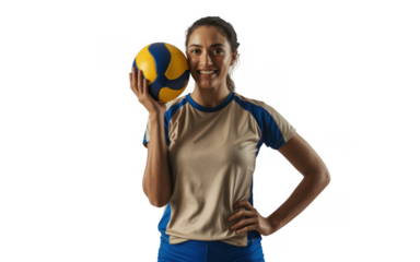 Smiling female volleyball player in a sports uniform holding a ball confidently