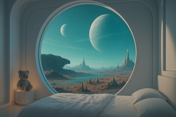Futuristic bedroom with round window view of alien planet
