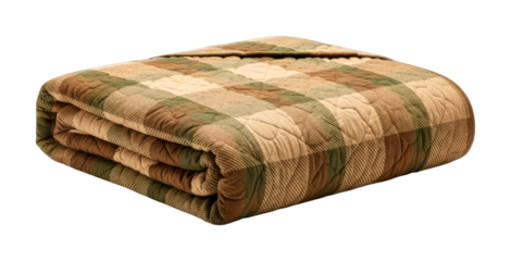 Folded quilted blanket with a warm plaid pattern in earthy tones, showcasing its soft texture and inviting comfort, ready for cozy relaxation.