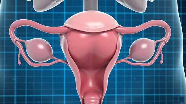 A detailed video illustration of the female reproductive system, focusing on the uterus and ovaries