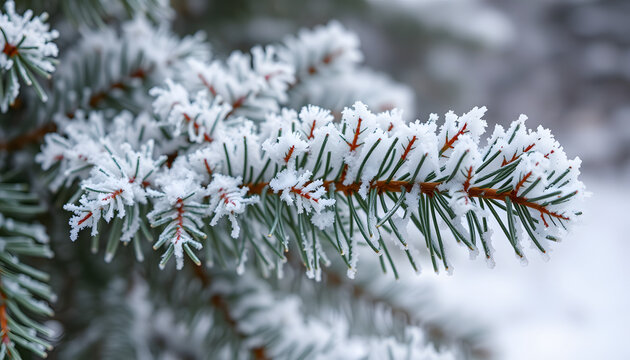 Spruce branches covered with hoarfrost during a snowfall, macro, origami. White tone