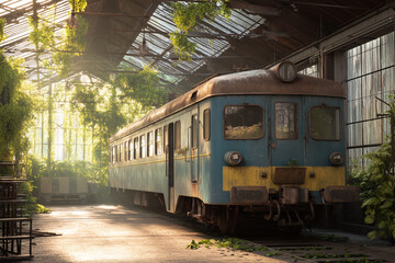 Fototapeta premium Train parked inside a rustic depot with sunrays streaming through cracked glass windows.