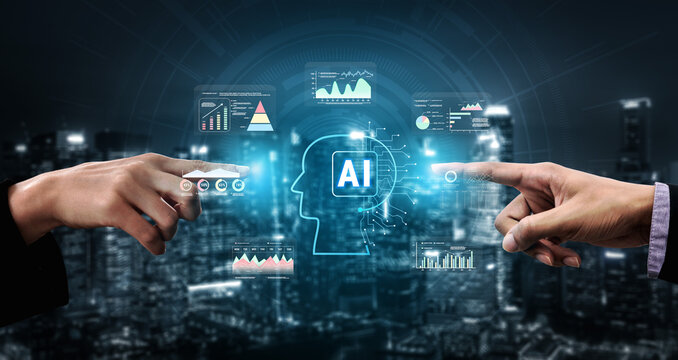 AI powered business intelligence for advanced data analysis. A concept of a smart system using AI to interpret and visualize company metrics. Motif - Powered by Adobe