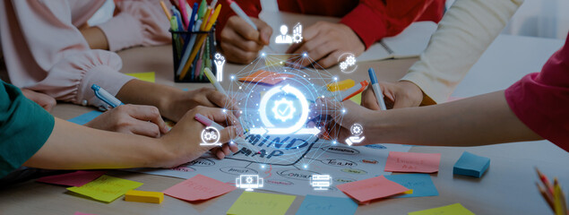 A vibrant collaborative session featuring hand-drawn sketches, colorful stationery, and digital elements representing innovative brainstorming and mind mapping processes. Trope