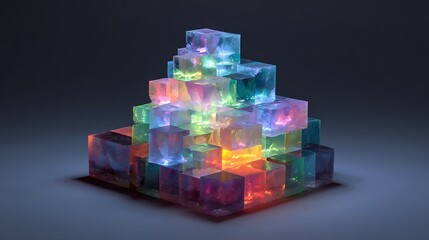 Multicolored crystal blocks stacked in a pyramid structure with vibrant glowing lights inside each block on a dark background