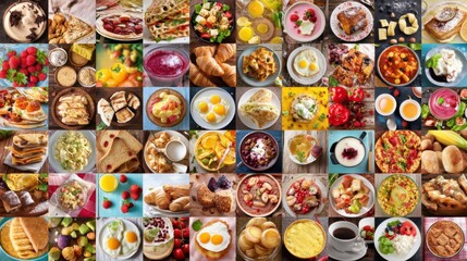 Fototapeta premium Many breakfast dishes are arranged on tables showcasing different types of food. Plates hold eggs fruits breads and pastries creating a colorful display at a food event.