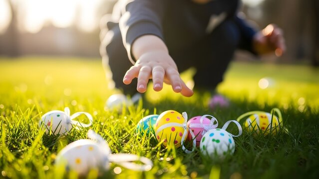 Child picking up colorful easter eggs on a sunny grassy field