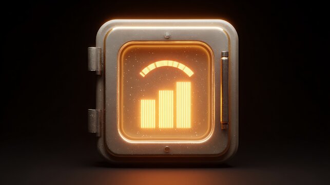 Glowing safe icon with bar graph chart on dark background, security and finance concept, 3d rendering - Powered by Adobe