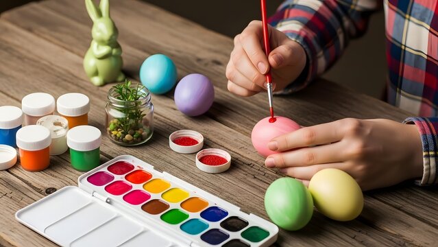 Easter egg painting with various colors and supplies - Powered by Adobe