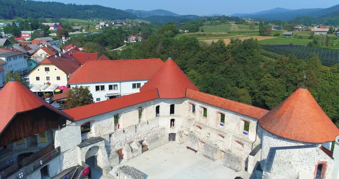 Aerial view of Žužemberk Castle rooftops and courtyard, Slovenia