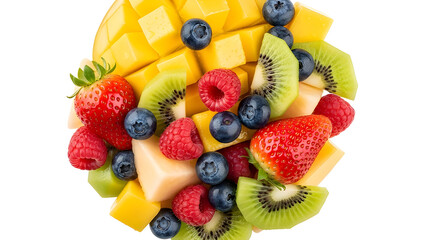 Fresh fruit salad with glossy citrus glaze and vibrant colors. Isolated on White background