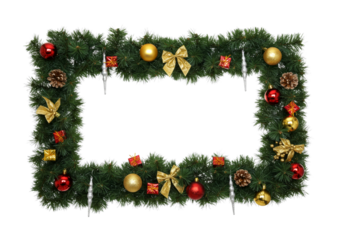 Christmas garland frame decorated with festive ornaments creates a vibrant and celebratory border for seasonal greetings and holiday designs.