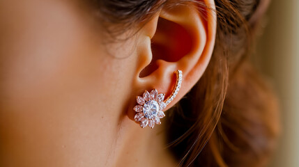 Close-up of a woman's ear adorned with a sparkling earring