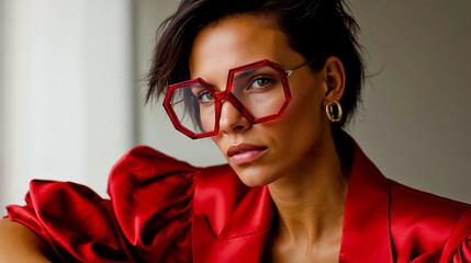 A woman wearing red glasses and a red jacket
