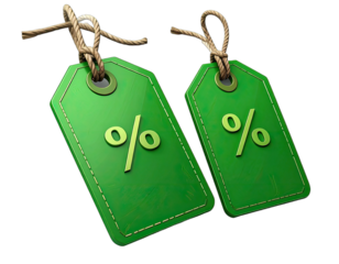 Two green price tags tied with twine, each displaying a percent sign. Background is black