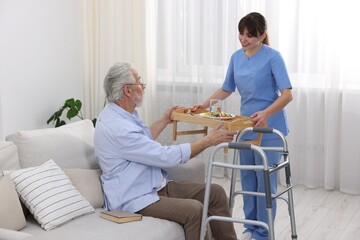 Care worker serving dinner to senior man at retirement home