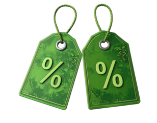 Two green price tags with percentage symbols, each with a decorative floral pattern and string loop