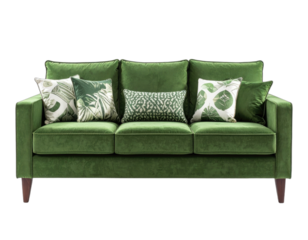 Plush green velvet sofa, three-seat, adorned with decorative botanical-print pillows