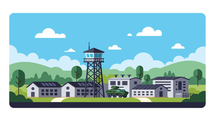 Modern vector illustration of military base with barracks and vehicles, ideal for defense infrastructure, security operations, and military organization concepts
