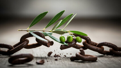 Olive branch placed across broken chain links, peace after injustice.