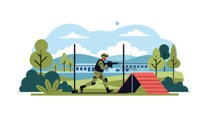 Modern vector illustration of army training exercise with soldiers in action, ideal for military education, readiness, and physical training concepts