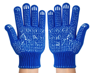 Pair of blue work gloves with white dotted grip, isolated on a black background, with visible fingers