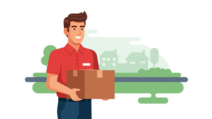 Cheerful courier holding cardboard box with suburban homes background showcasing efficient parcel