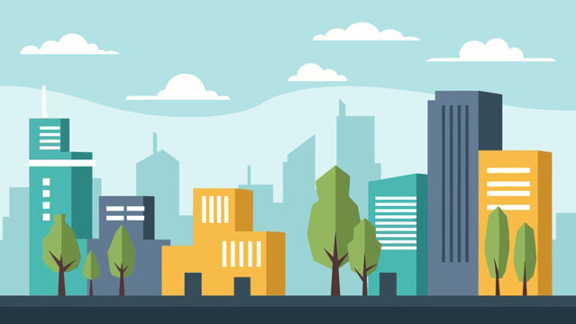 Minimalist urban landscape illustration with colorful flat design buildings and green trees under
