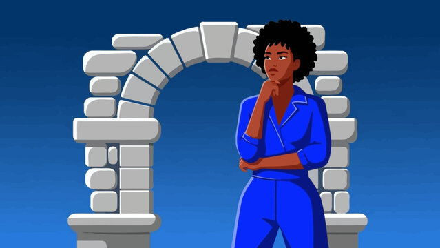 Thoughtful young woman in blue contemplating a significant decision under an ancient stone archway
