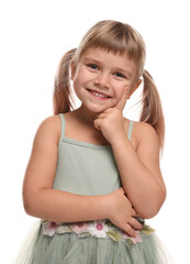 Smiling little girl in dress posing on white background