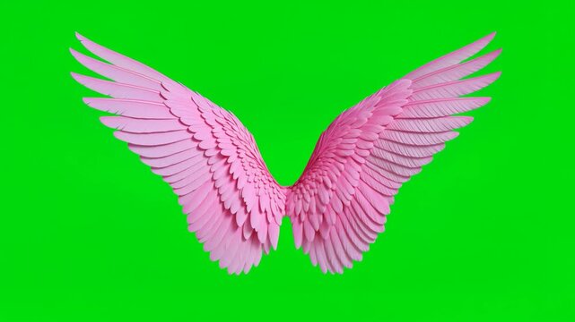 Delicate pink angel wings flap in a seamless animation. Isolated on a green screen for easy keying and special effects. Lockdown shot.