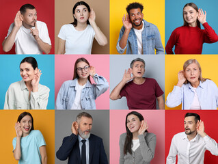 Hearing health. People holding hands near ears on colorful backgrounds, set
