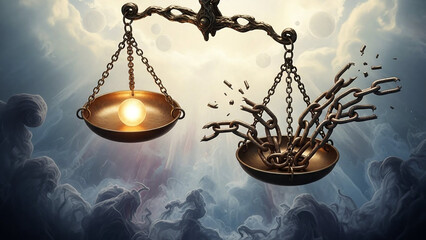 Abstract scales of justice balanced above broken chains.