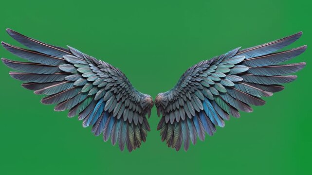 Spread wings with colorful iridescent feathers flapping on a green background. Seamless loop animation for chroma key compositing. Lockdown shot.