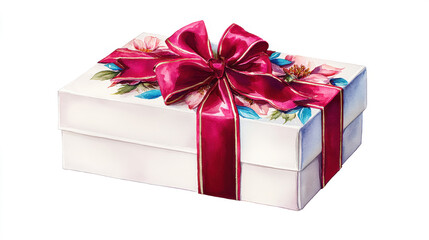 Obraz premium Elegant festive gift box watercolor illustration, isolated on white, adorned with fuchsia ribbon, pink flowers, and blue leaves.