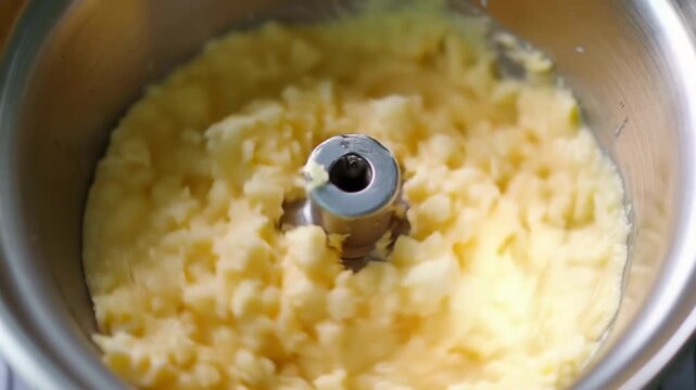 Close-up of mashed potatoes in a stainless steel mixing bowl